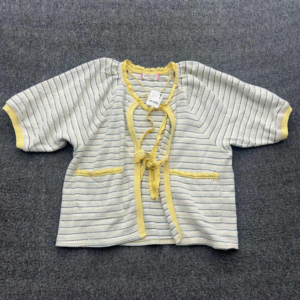 Free People Tropic Tie Front Sweatshirt Cardigan Yellow Striped Knit Small